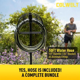 Colwelt Garden Hose Holder & 50FT Water Hose 1/2", Freestanding Water Hose Holder, Rustproof Detachable Garden Hose Storage, Water Hose Reel Stand with Storage Basket, Metal Hose Stand for Yard & Lawn