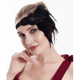Anglacesmade Bridal 1920s Flapper Feather Headband with Stretchy Band Crystal Beaded Black Feather Headpiece Great Gatsby Hair Jewelry for Women and Girls