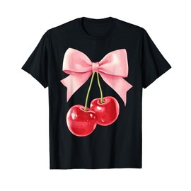 Cute Pink Coquette Bow Cherry Retro Women Teens Kids Girls T-Shirt