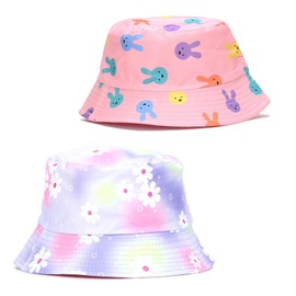 NautySaurs 2 Pack Girls Bucket Hat Baby Girls Sun Beach Cap Toddler Kids Outdoor Reversible Fisherman Hat, Flower-Purple & Rabbit-Pink
