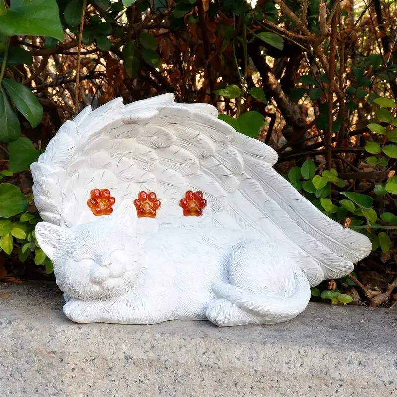 Solar Powered Angel Cat Memorial Sculpture, White Resin Sleeping Kitten