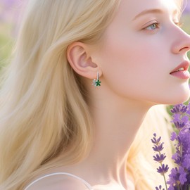 Weviway 925 Sterling Silver Double Floral Emerald Earrings with White Crystal, Drop Leverback, May Birthstone (2cm×1cm)