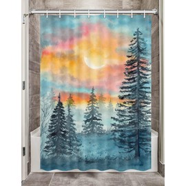 Watercolor Forest Camper RV Shower Curtain for Travel Trailers Bathroom, Blue and Grey Woodland Tree Country Camping Fabric Shower Curtains Set, Natural Landscape Decor Accessories with Hooks 47X64