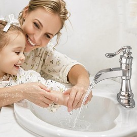 BATHLAVISH Chrome Bathroom Faucet, Waterfall Bathroom Sink Faucet, Single Hole Bathroom Faucet, Single Handle Lavatory Vanity Polished Chrome with Pop Up Drain Parts with Overflow