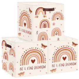 Clastyle 3 Pcs Boho Kid Storage Cube Organizer Set Rainbow Closet Clothes Cube Storage Bin Beige Nursery Toddler Toy Box Chest Butterfly Book Shelf Basket