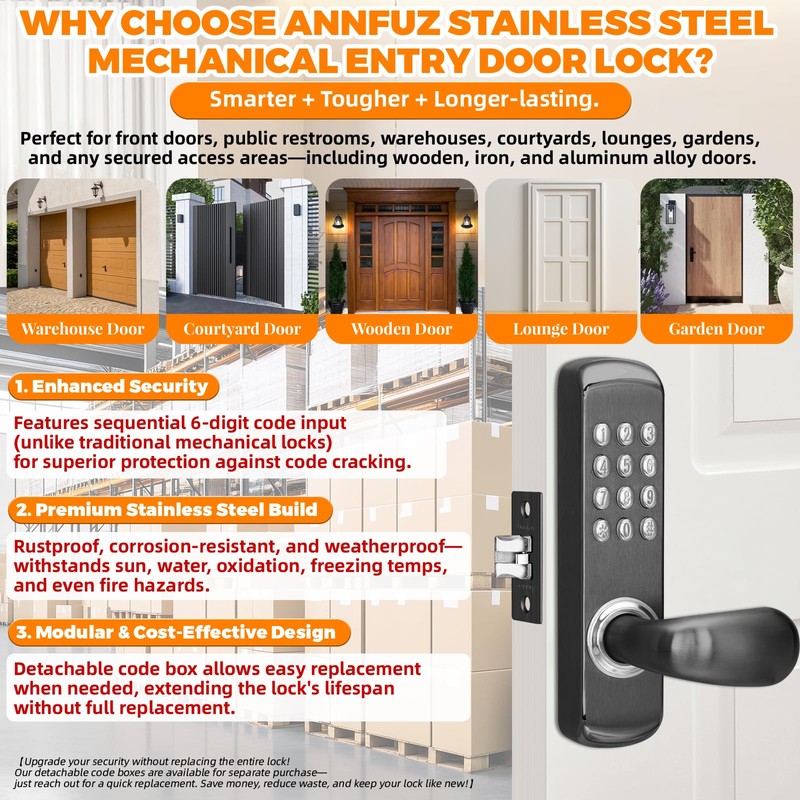 ANNFUZ Stainless Steel Mechanical Keypad Entry Door Handle Lock,Commercial Keyless