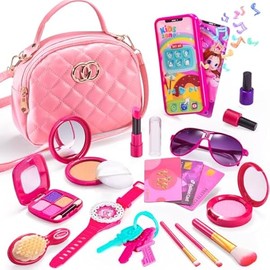 Toddler Purse for Little Girls, Pretend Play Makeup Kits for Girl Toys Age 4-5 3-5 4-6, Kids Purse with Accessories, Pink Princess Toys for 3 4 5 6 Year Old Birthday Gifts