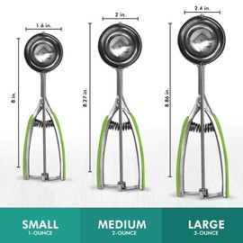 Millvado 3 Pack Stainless Steel Ice Cream and Cookie Scoops | With Green Rubber Grips – Spring Loaded Lever Design – For Sorbet, Melon, Meatballs, Muffins, and More – Includes 1 Oz, 2 Oz, 3 Oz Scoop