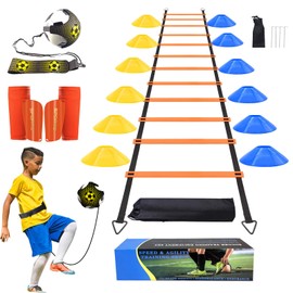 TGLITC Soccer Training Equipment Kit, Soccer Accessories 12 Rung 20Ft Agility Ladder, 12 Soccer Cones, Soccer Trainer, Small Shin Guard&Sleeves - Practice Training Equipment Gifts for boy Girls