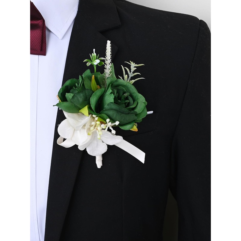 MAFELOE 2Pcs Men Boutonniere Corsage Set, Dark Green(X-G)