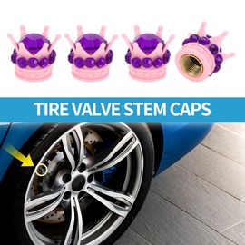 A ABSOPRO Tire Valve Stem Caps 12.8x15.8MM Car Wheel Valve Cap ABS Pink Purple Faux Crystal Crown Style for Car Bike Motorcycle Truck Anti Crash Tyre Valve Stem Cover Valve Dust Cap 4 Pcs