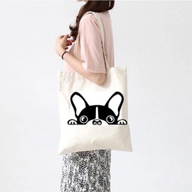 miracome Canvas Tote bag with Boston Terrier pattern Women Casual Shoulder Bag Handbag, Cute Dogs Reusable Multipurpose Shopping Grocery Cotton Bag Reusable Tote Bag for Women Mother