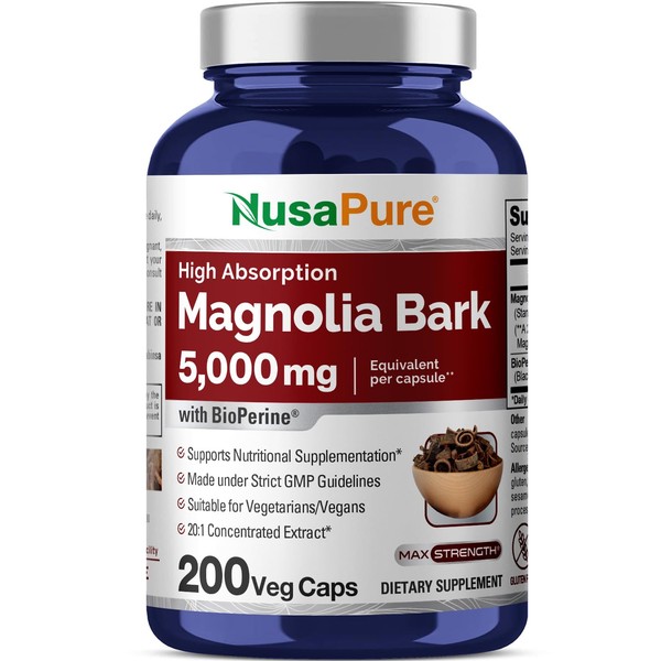 NusaPure Magnolia Bark 5000 mg 200 Vegetarian Caps (Non-GMO, Extract 4:1, Gluten-Free)