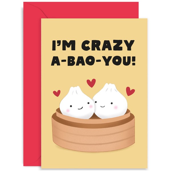 Old English Co. Funny Anniversary Card for Husband Wife - Cute 'Crazy a-bao-you' Bao Bun Valentine's Card for Men or Women - Boyfriend, Girlfriend, Fiance, Partner| Blank Inside with Envelope