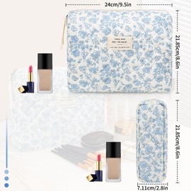 Gosect Floral Makeup Bag, Small Cosmetic Bag for Women Girls, Cute Cotton Makeup Bag, Quilted Makeup Bags, Flower Travel Toiletry Organizer Bag(Blue Floral)