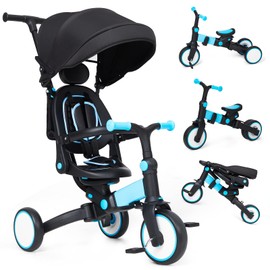 Babevy Baby Tricycle, 7-in-1 Folding Kids Tricycle with Adjustable Parent Handle, Safety Harness & Wheel Brakes, Removable Canopy, Ultra-Light Vehicle, Push Bike Gift for Toddlers for 1-6 Years（Blue）