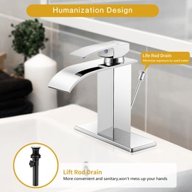 KZH Waterfall Bathroom Faucet, Chrome Modern Single Handle Bathroom Faucets for 1 or 3 Hole Bathroom Sink Faucet Mixer Tap Washbasin Faucet with Lift Rod Drain, Deck Plate, Supply Hoses