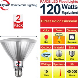 Explux Full Glass LED PAR38 Outdoor Flood Red Light Bulbs, 120W Equivalent, Weatherproof & Anti-Ageing, Dimmable, Red Color Spotlight, 2-Pack