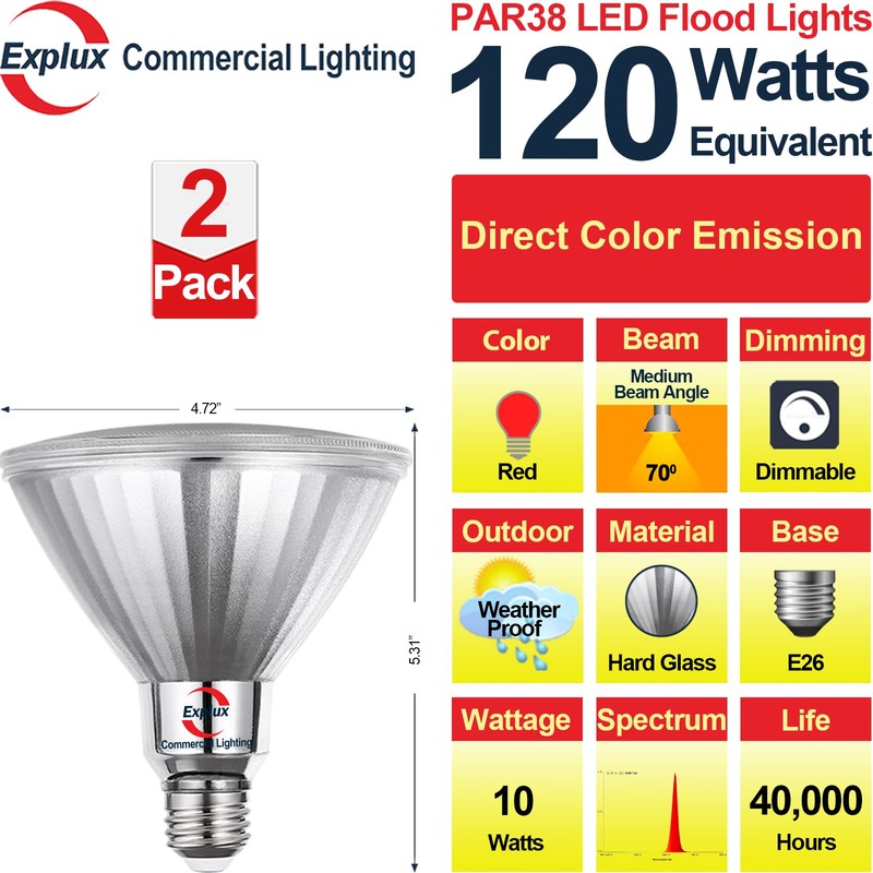 Explux Full Glass LED PAR38 Outdoor Flood Red Light Bulbs,