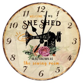 LetusZhogo 10 Inch Wooden Wall Clock Art Hanging Clocks Silent Non-Ticking Wall Clock Battery Operated Round Home Flowers Sewing Machine Style Welcome to My She Shed Decorative Wall Clocks