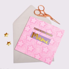 Welsh Happy Birthday Greeting Card Mummy, Pink Stars, Greeting Card with Text Foiled in Shiny Gold, Pen-blwydd Hapus Mami