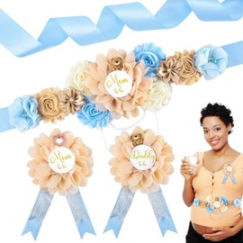 Teddy Bear Maternity Sash Mummy to Be & Daddy to Be Corsage Pin Set Blue Flower Baby Shower Sash Belly Belt Gender Reveal Bear Baby Shower Decorations 200cm