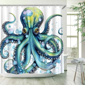 Octopus Shower Curtain Kraken Teal Blue Underwater Animal Navigation Adventure Theme Ocean Wildlife Bathroom Decor Fabric Curtains with Hook 70Wx70H Inches