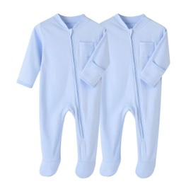 BINIDUCKLING Unisex Infant 2-Pack Zip-Up Baby Onesies Cozy Footed Pajamas Newborn Bodysuits Baby Clothes Solid Color Cotton Sleepsuit Rompers, Light blue 12 Months