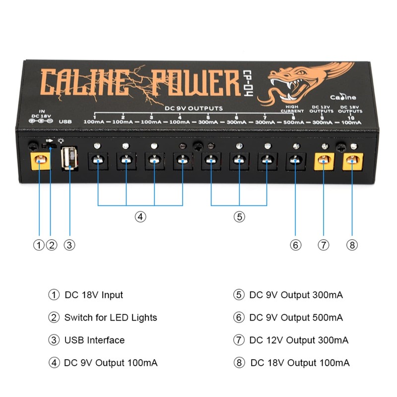 Caline CP-04 Guitar Pedal Power Supply 10 DC Outputs for