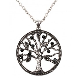 styleBREAKER Women's 05030011 Necklace with Tree of Life Pendant and Rhinestone Gems Round Belcher Chain and Lobster Clasp black/silver