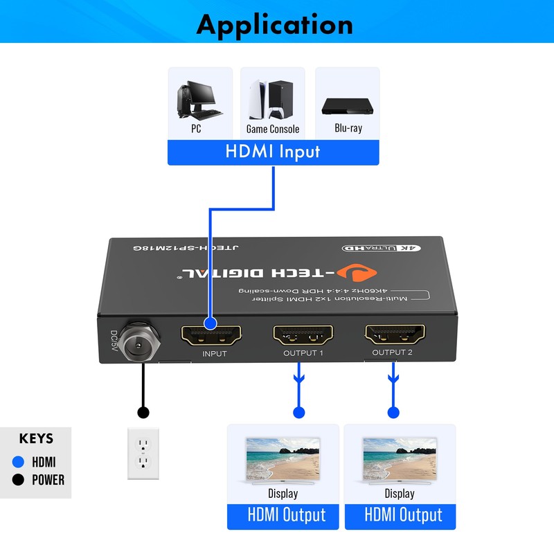 J-Tech Digital HDMI Splitter 1 in 2 Out 4K@60Hz, 1x2