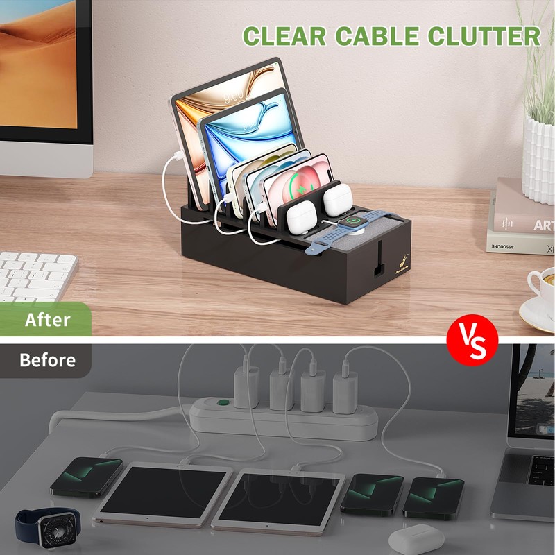 Charging Station Box for Smartphones and Tablets, Bamboo Cable Cord