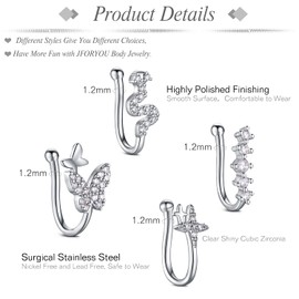 JFORYOU Silver Fake Nose Rings Non Piercing Fake Nose Cuff Fake Piercing for Nose Delicate Design CZ inlaid Snake Butterfly Star Women and Teen Girls