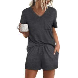 RUBZOOF Pajamas for Women Shorts Set Casual V Neck Short Sleeve Summer 2 Piece Lounge Sets Dark Grey 3XL