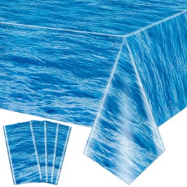 Hegbolke 4 Pack Ocean Wave Tablecloths - Disposable Plastic Ocean Water Table Cover for Ocean Under The Sea Beach Pool Mermaid Shark Birthday Party Decoration Supplies, 51" x 86"
