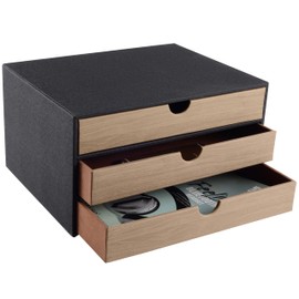 RHCSZ Fashion Multicolor Collocation Leather Desk Organizer File Cabinet Executive Office Supplies Desktop Filing A4 Contract Document Stackable Storage Box with 3 Drawers (Black)