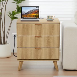 YMXLTD Fluted 3 Drawer Small Dresser for Bedroom, Mid Century Modern Nightstand with Changing Table Top, Low Bedside Table for Closet Cloth, End Table Short Storage, Living Room, Dorm - Natural