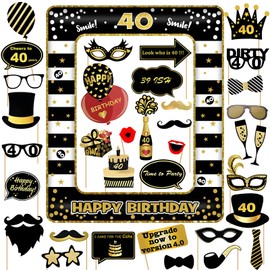 40th Birthday Photo Booth Props and Inflatable Selfie Frame, 36 Pcs 40th Funny DIY Birthday Party Props for Women Men, Black Gold Inflatable Party Photo Booth Frame