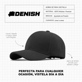 DENISH Gorra Tipo Pana con Broche Ajustable. Gorra de béisbol unitalla para Hombre y Mujer. Cachucha de Material Premium, Casual, cómoda y Ligera, Ideal para Regalar (MX/US, Alfa, Talla única, Negro)
