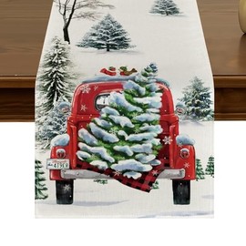 Truck Christmas Tree Snow Table Runner 13x72 Inch Watercolor Seasonal Winter Xmas Kitchen Dining Table Decor for Indoor Outdoor Farmhouse Home Party Decoration ZQ75