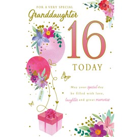 Paper Rose Special Granddaughter 16th Birthday Card - Age 16 - Giftbox Balloons Flowers and Butterflies with Foil Details - Eco-Friendly and Recyclable