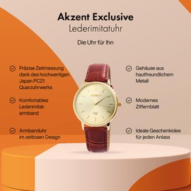 Akzent Exclusive Men's Watch Faux Leather Pin Buckle Analogue Quartz 2900117, gold, Strap.