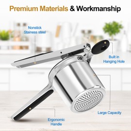 AHFLRITO Potato ricer, Heavy Duty Ricer for Mashed Potatoes, Large Mashed Potato Ricer Stainless Steel with Ergonomic Handle, Efficiently Mashed Potato Masher for Fluffy Mashed Potatoes