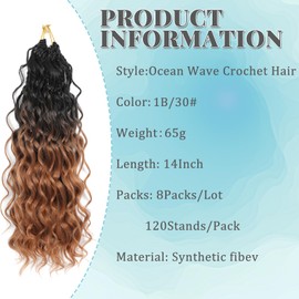 Pre Looped Ocean Wave Crochet Hair 8 Packs Boho Ocean Braids Short Curly Crochet Hair Pre Twisted Synthetic Deep Wavy Crochet Hair for Women (1B/30, 14 Inches)