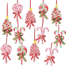KAHEIGN 12Pcs Christmas Candy Cane Ornaments, 6 Styles 12CM Xmas Lollipop Hanging Ornament with Hook & Ribbon for Christmas Tree Wreath Windows Fireplace Door Holiday Party Decoration