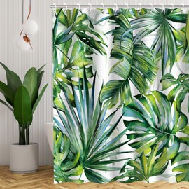 LIVILAN Tropical Leaves Shower Curtain, Green Palm Leaf Shower Curtains Set with 12 Hooks, Waterproof Fabric Monstera Plant Shower Curtain for Bathroom, Decorative Jungle Banana Leaves, 72x84 inches