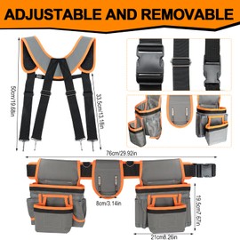 Tool Belts for Men with Magnetic Function, Large Capacity Carpenter Electrician Tool Belt with Suspenders for Men, Electrician Tool Pouch Bag with Adjustable Waist Size, Grey and Orange
