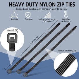 Fomuson 200pcs Zip Ties 8 Inch Black, Heavy Duty Zip Tie, 50lb Strength Cable Ties, Industrial Nylon Wire Tie Wraps for Garage and Workshop.