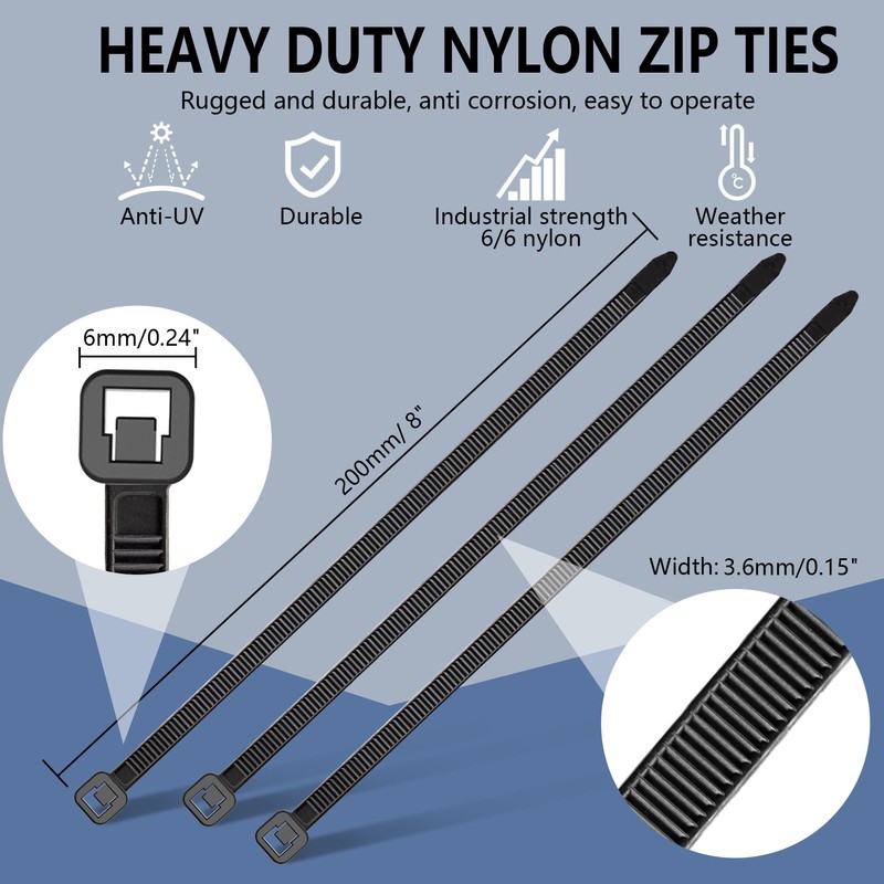 Fomuson 200pcs Zip Ties 8 Inch Black, Heavy Duty Zip