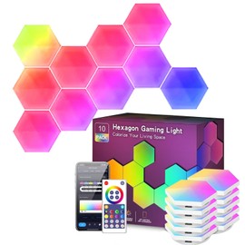 LEDGUHON Hexagon LED Lights 10 Pack, Smart RGB Wall Decor with APP/Voice Control, Music Sync, DIY Modular Honeycomb Lights for Gaming Room, Bedroom, Home Theater Wall Decor